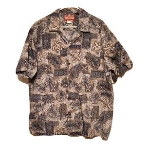 Vintage RJC Hawaiian Shirt Button Front Blue Tan Turtles & Leaves Mens Size 2X